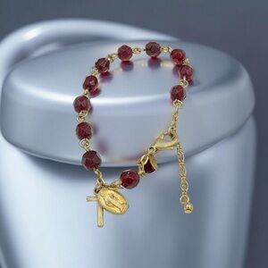 Vintage Avon Gold and Red Beaded Bracelet Girls Mini Crucifix Signed Avon